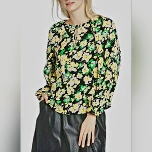 Who What Wear Yellow & Black Floral Long Sleeve Blouse NWOT Small